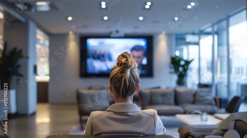 Back view of a woman watching a presentation on a large screen in a modern office lounge. © Natalia