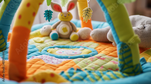 Vibrant baby play mat in cozy nursery, stimulating toys, plush animals, safe exploration