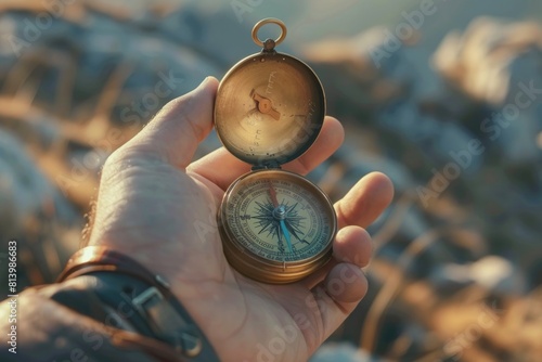 A person holding a compass for direction finding. Suitable for travel and exploration concepts photo