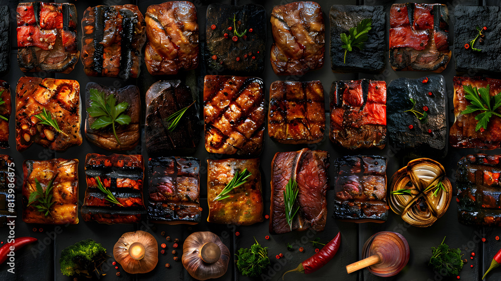 Photo realistic Barbecue Theme Tiles celebrating the art of grilling with designs of grills, meats, and barbecue tools for father chefs   Stock Photo Concept