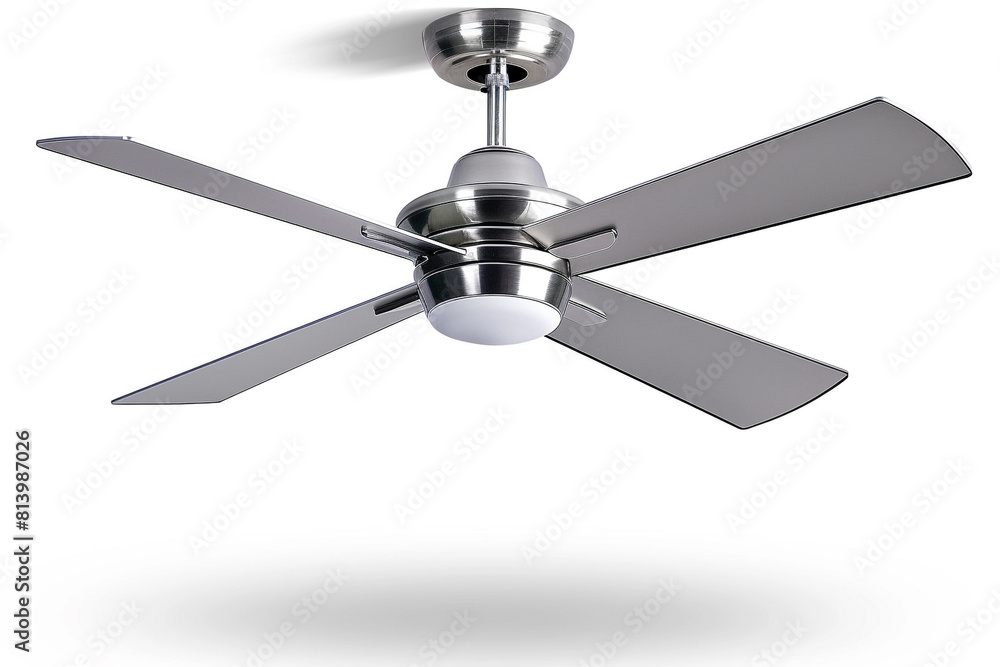 A sleek silver ceiling fan with a built-in light kit and reversible blades isolated on a solid white background. A sleek silver ceiling fan with a built-in light kit and reversible blades isolated on a solid white background.