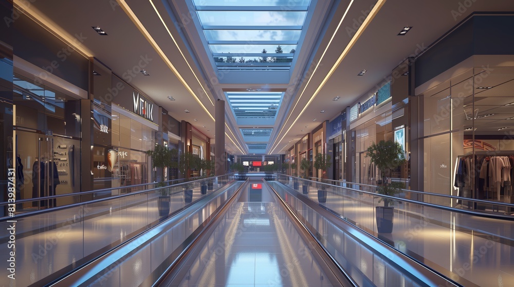Modern shopping mall interior with illuminated storefronts, glossy floors, and a sky-lit ceiling.