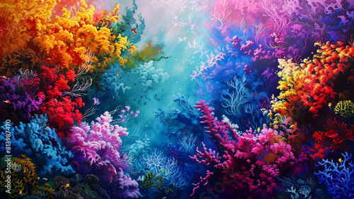 An abstract canvas where contrasting colors collide to evoke the vibrant life and energy of a coral reef beneath the sea