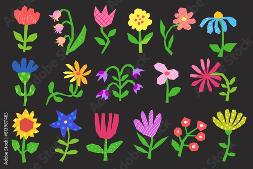 Set of cut out colored flowers isolated. Cut out of colored paper for collage. Tulip, chamomile, sunflower, carnation, periwinkle, bellflower and others. Various flowers for design. Vector.