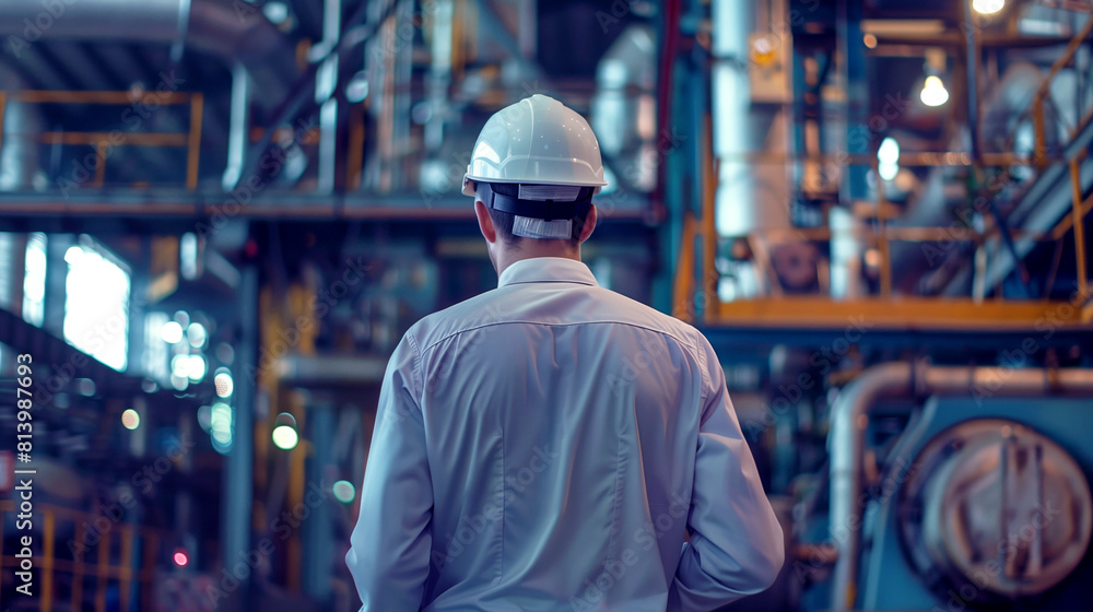Rear view of a male engineer in a hard hat inspecting an industrial facility with complex machinery.