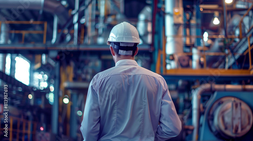 Rear view of a male engineer in a hard hat inspecting an industrial facility with complex machinery.