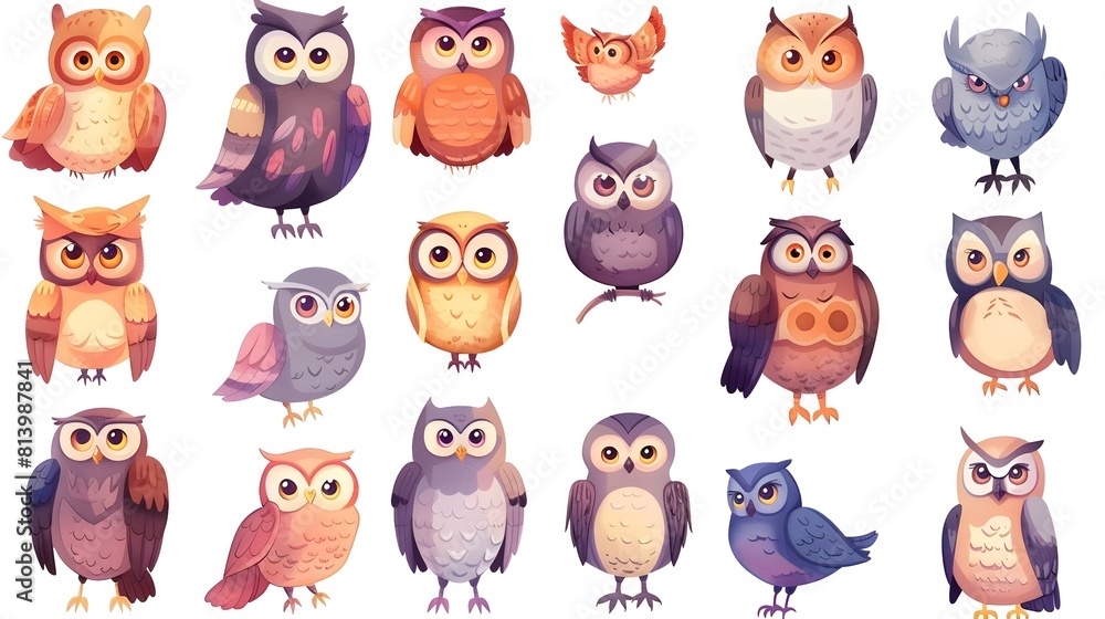 Obraz premium Whimsical Collection of Cartoon Owls in Various Colorful Styles and Poses on Branches
