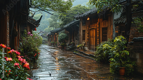 The Streets of Jiangnan Ancient Town Are Lined With Trees During Rain on Blurry Background © Image Lounge