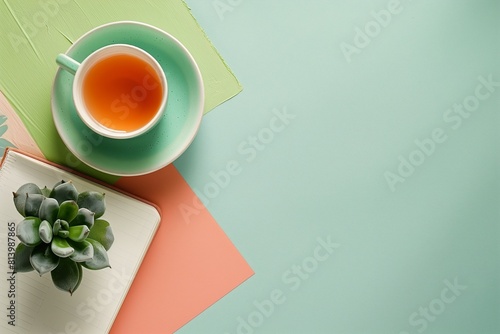 Minimalist Pastel Desk Setup with Tea and Succulent