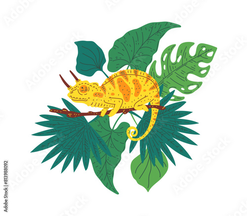 Cute small spotted yellow orange chameleon with horns on branch with tropical leaves, vector cartoon exotic lizard guana