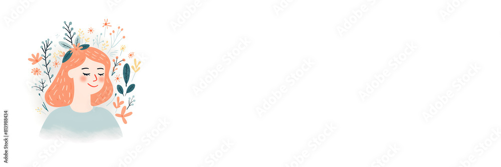 Woman's Portrait and Flowers on a White Backdrop. Woman's Day, Mother's Day background, banner Woman's Portrait and Flowers on a White Backdrop. Woman's Day, Mother's Day background, banner