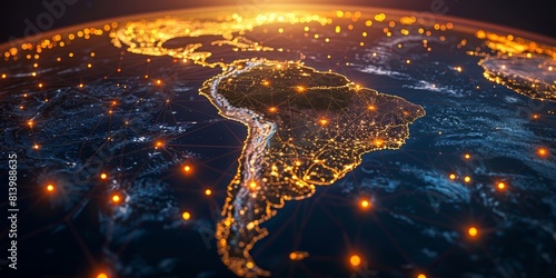 Digital map of South America with global network connections and glowing lights, representing the interconnectivity of AI in national trade and marketing strategies