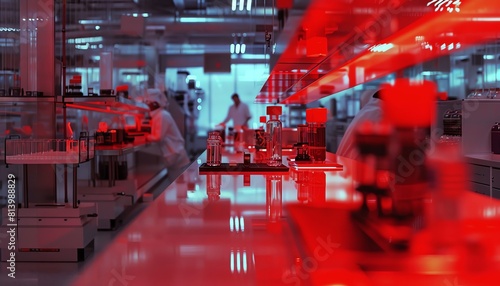 Semiconductor research in the lab, red warning signals emphasizing clean environments, fostering success, scifi tone, vivid. photo