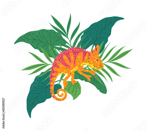 Cute chameleon vector character showing beautiful patterns posing in the jungle on a white background