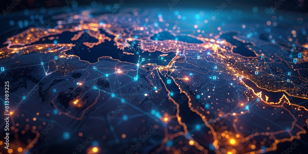Digital map of the Middle East with glowing connections, symbolizing global network and connectivity across region. Digital map of the Middle East with glowing connections, symbolizing global network and connectivity across region.