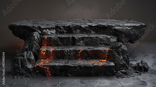 Black Rock Theme Rugged podium made from jagged black stones, surrounded by volcanic ash and lava flows, smoldering glow accentuating the stark monochrome setting. photo