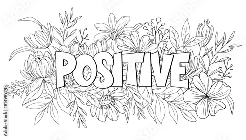 Anxiety and stress relief adult coloring book page with botanical flowers for mindfulness and relaxation. Spring floral line art vector background with motivational text. Hand drawn doodle coloring.