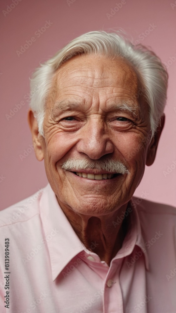 Gray-haired elderly man in stylish club clothes on a pink background. Gray-haired elderly man in stylish club clothes on a pink background.