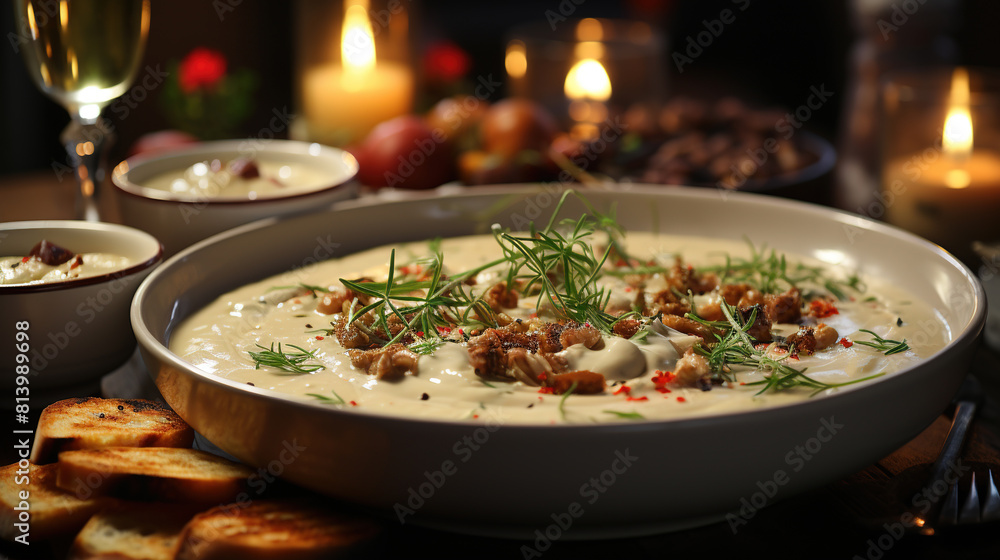Creamy Soup With white Bean With Meatballs On The Side of The Plate Fried Rosemary Needles Roasted Pine Nuts on Blurry Background Creamy Soup With white Bean With Meatballs On The Side of The Plate Fried Rosemary Needles Roasted Pine Nuts on Blurry Background