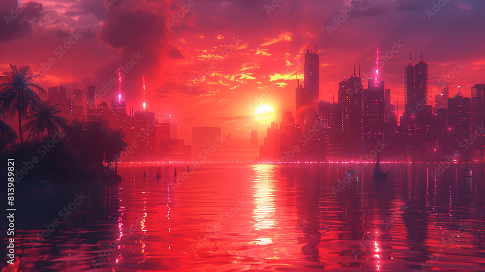 Futuristic city sunset