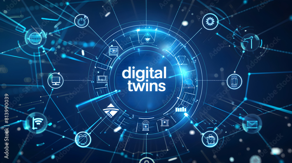 A blue and white digital twin with many icons A blue and white digital twin with many icons