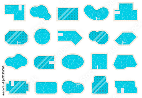 Pool top view. Water texture. Swimming pools different shapes,  summer vacation. Vector set. Summer vacation elements