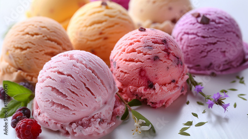 Delicious scoops of homemade ice cream of different flavors and fruits.