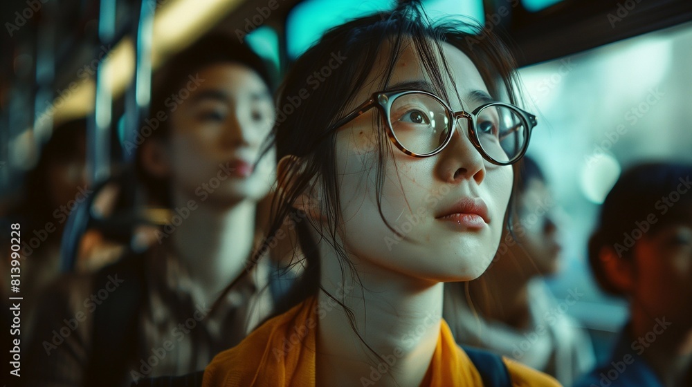Repeated city life, boring commute, Korean office workers and students riding bus. generative AI Repeated city life, boring commute, Korean office workers and students riding bus. generative AI