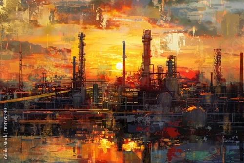 Oil painting of a factory at sunset  perfect for industrial themes