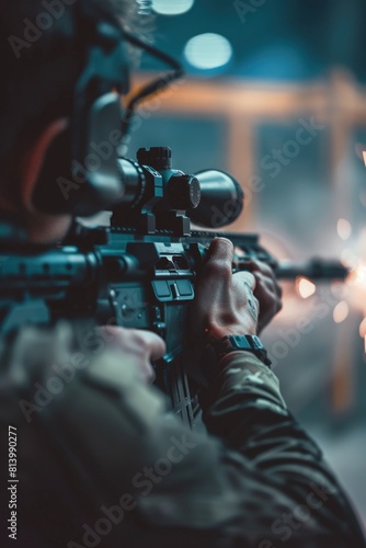 Man aiming with rifle in dark room, suitable for security concept