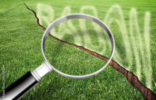 A green mowed lawn with a diagonal crack with radon gas escaping - concept with magnifying glass