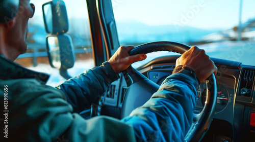 Close-up view of a man driving a truck, hands on the steering wheel with a dashboard view. photo