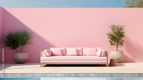 A pink couch is sitting in front of a pink wall