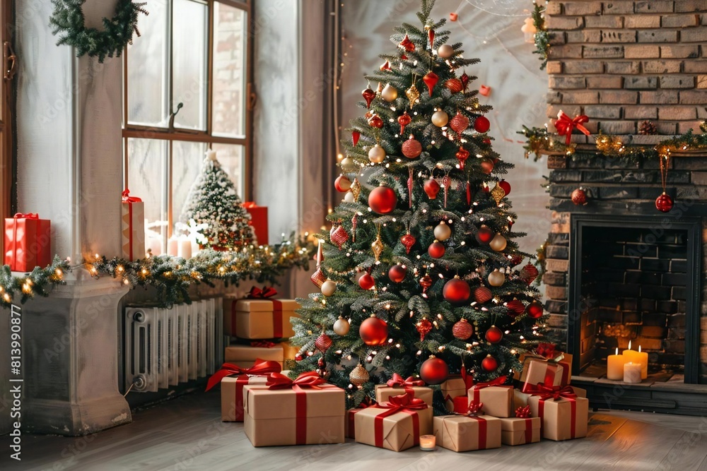 Glowing Christmas Tree with Gifts and Festive Decorations