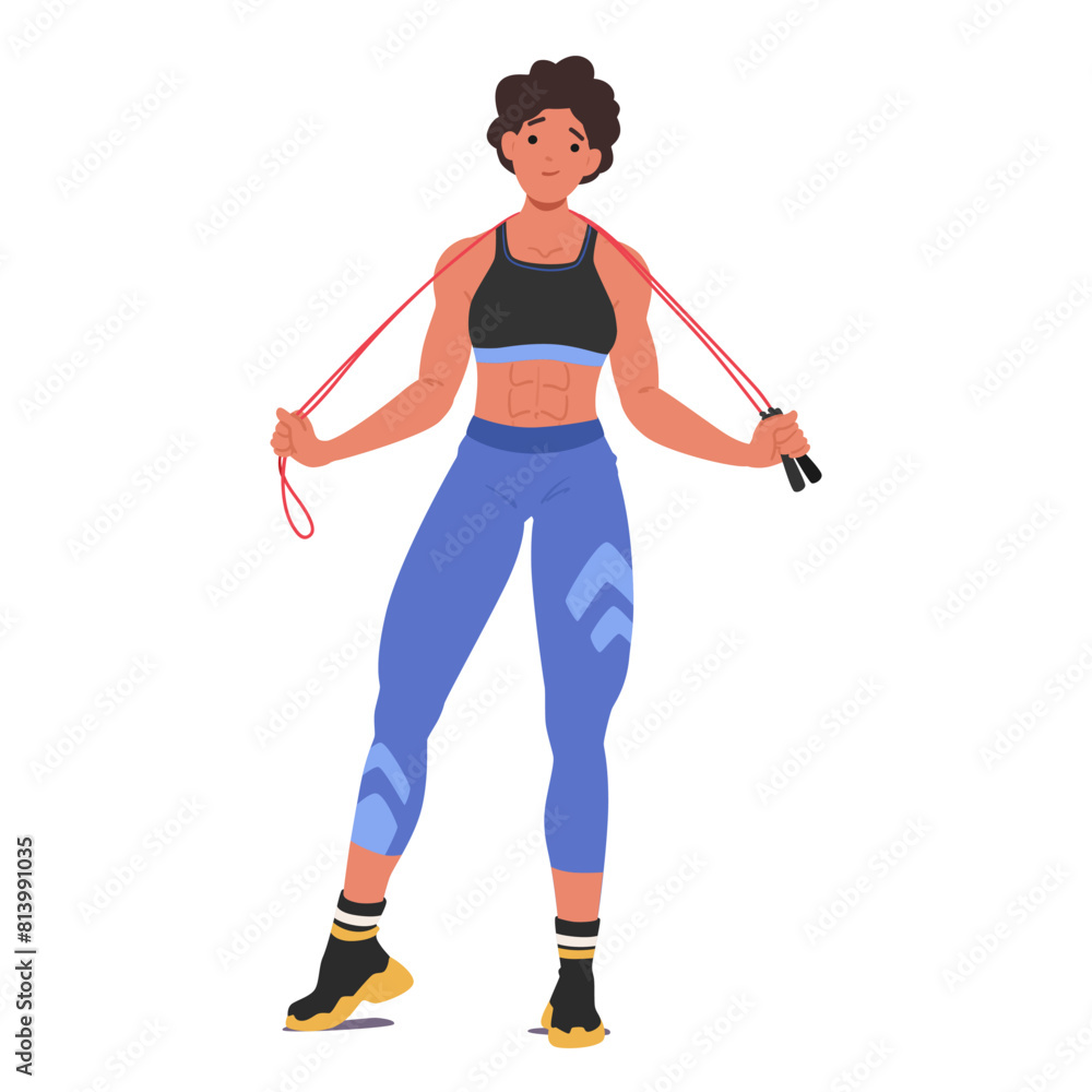 Fit Female Character In Sportswear Holds Jump Rope Ready For Workout, Emphasizing Health And Active Lifestyle Fit Female Character In Sportswear Holds Jump Rope Ready For Workout, Emphasizing Health And Active Lifestyle