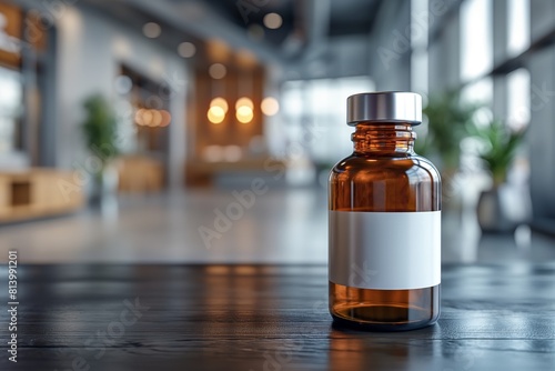 Medicine bottle with a reflective office background