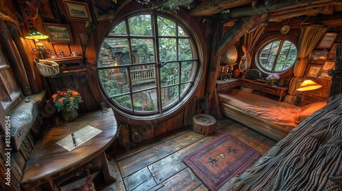   A spacious room with a bed  desk  and a stunning view through a round window of the surrounding forest beyond