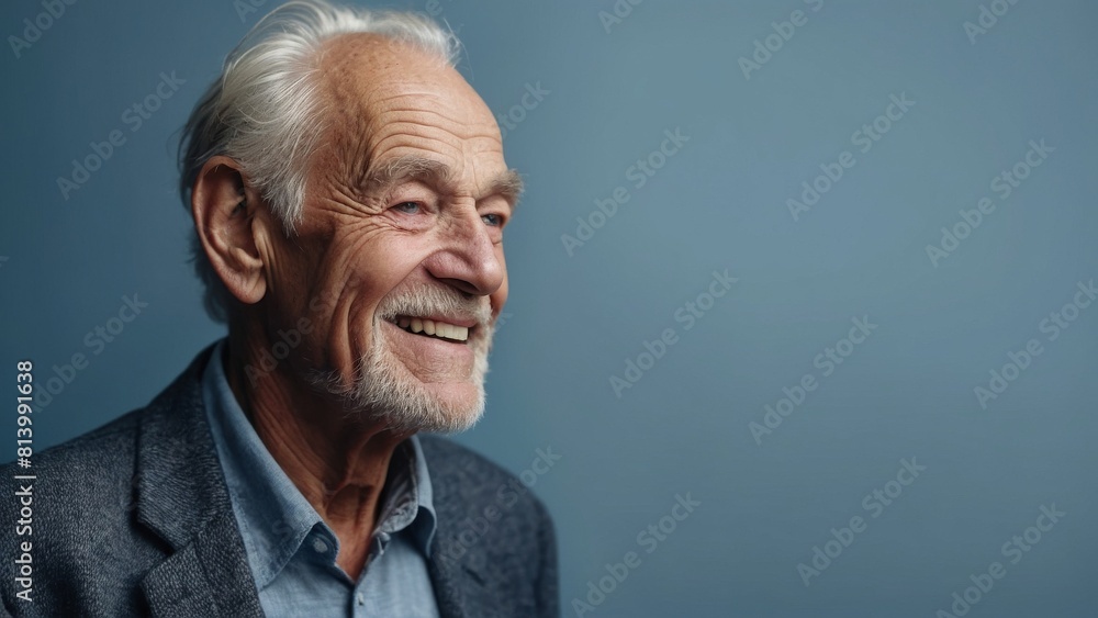 Obraz premium The gray-haired elderly man smiles happily. Indigo background.