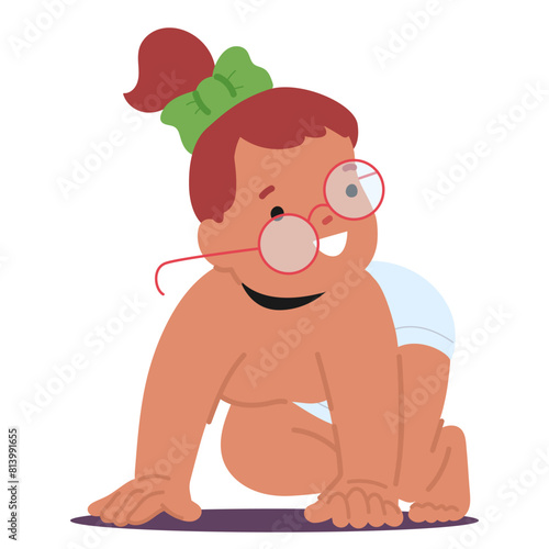 Adorable Baby With A Bright Bow And Round Glasses Gives A Cheeky Smile, Embodying The Joy Of Early Childhood Exploration