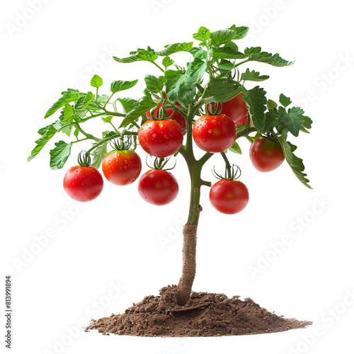 Small tomato plant with ripe red tomatoes on a white background