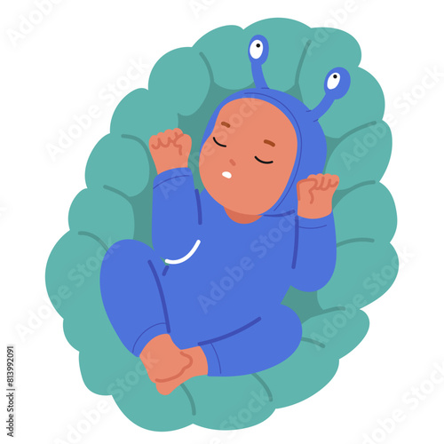 Serene Newborn Baby Character In Whimsical Snail Costume, Dozes On A Plush Pillow, Capturing The Charm And Whimsy