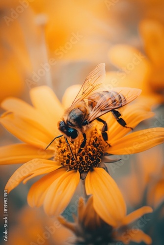 Close-up of a bee on a vibrant yellow flower, perfect for nature themes