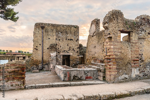 The ancient thermopolium snack bar in the ancient city of Herculaneum, destroyed by Mount Vesuvius