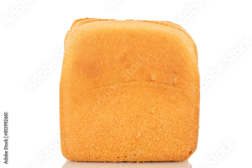 One piece of white bread for toaster, macro, isolated on white background.