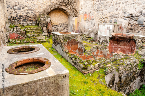 The ancient thermopolium snack bar in the ancient city of Herculaneum, destroyed by Mount Vesuvius
