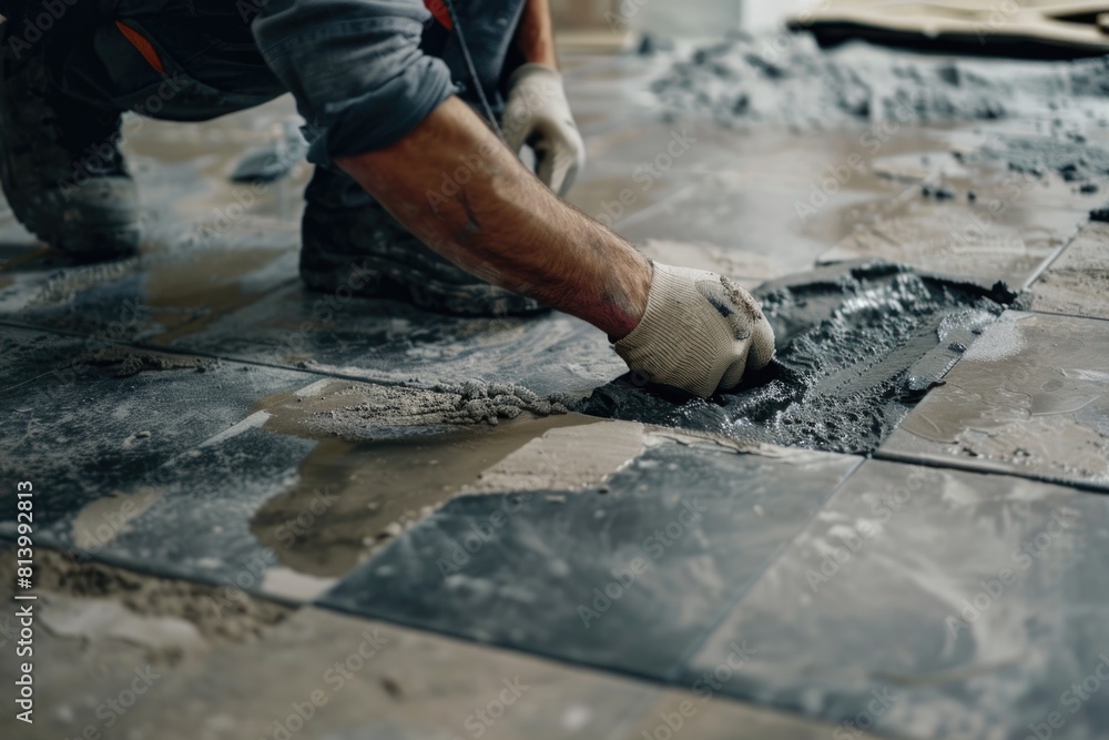 A man working on tile installation, suitable for construction projects A man working on tile installation, suitable for construction projects