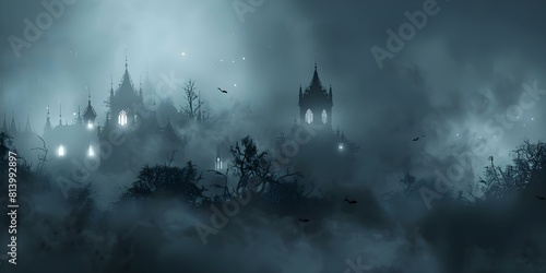Exploring a Haunted Castle with Gothic Architecture  Pointed Towers  and Glowing Windows. Concept Gothic Architecture  Haunted Castle  Pointed Towers  Glowing Windows  Exploring.exploring
