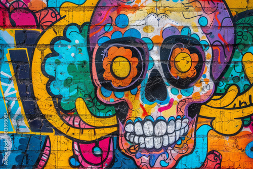 skull colorful graffiti art design bright background 
