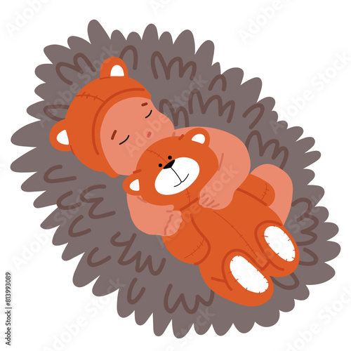 Charming Content Baby Character In A Bear Suit, Embracing A Teddy Bear While Sleeping On Fluffy Rug, Portraying Comfort