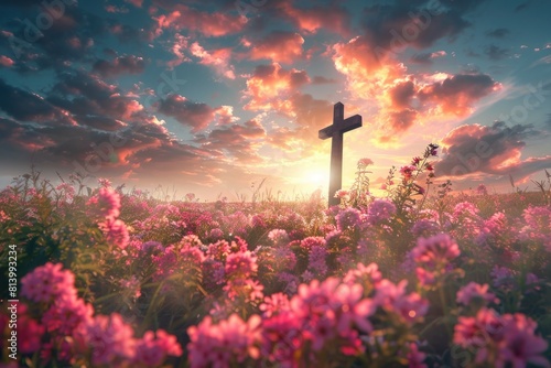 A cross standing in a field of vibrant flowers. Suitable for religious concepts or nature themes